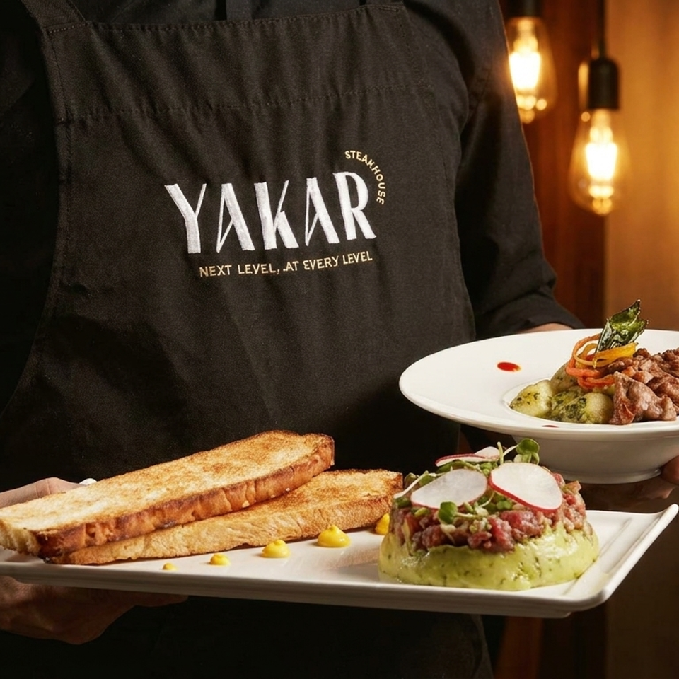 Yakár Steak House server presents plated gourmet dishes, including sliced steak, toast, and a garnished tartare appetizer.