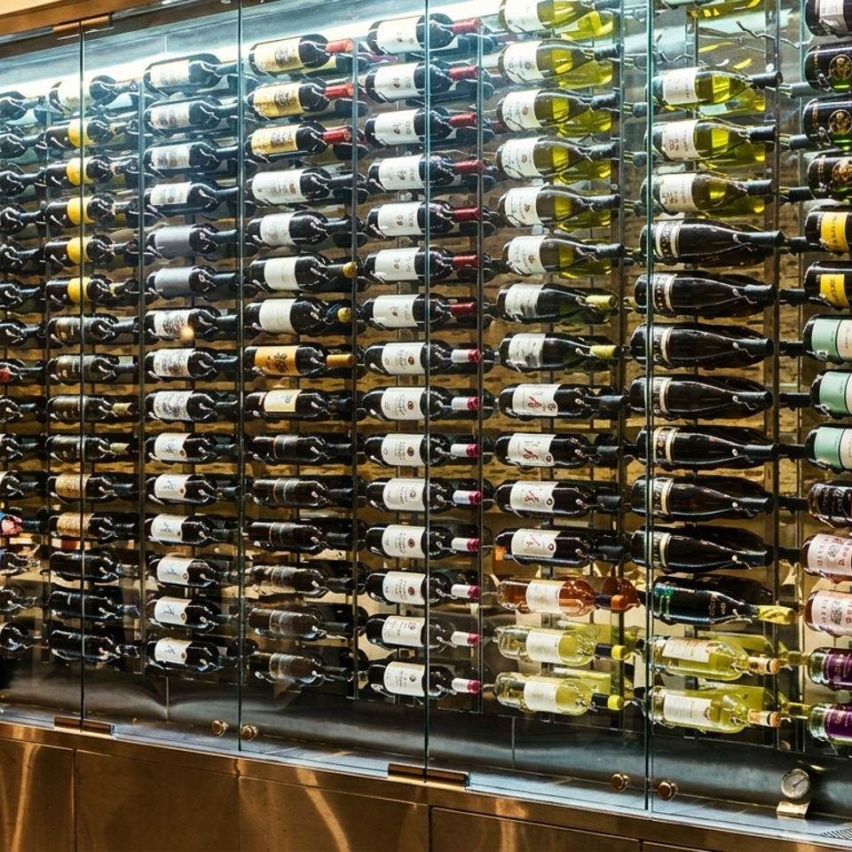 Floor-to-ceiling glass wine display stocked with rows of horizontally arranged red, white, and sparkling wine bottles.