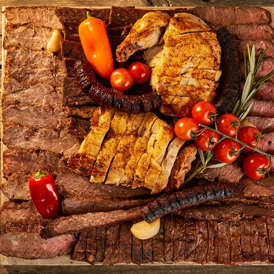 Overhead view of a wooden board piled with assorted grilled meats, sausages, roasted chicken, peppers, tomatoes, garlic, and rosemary.