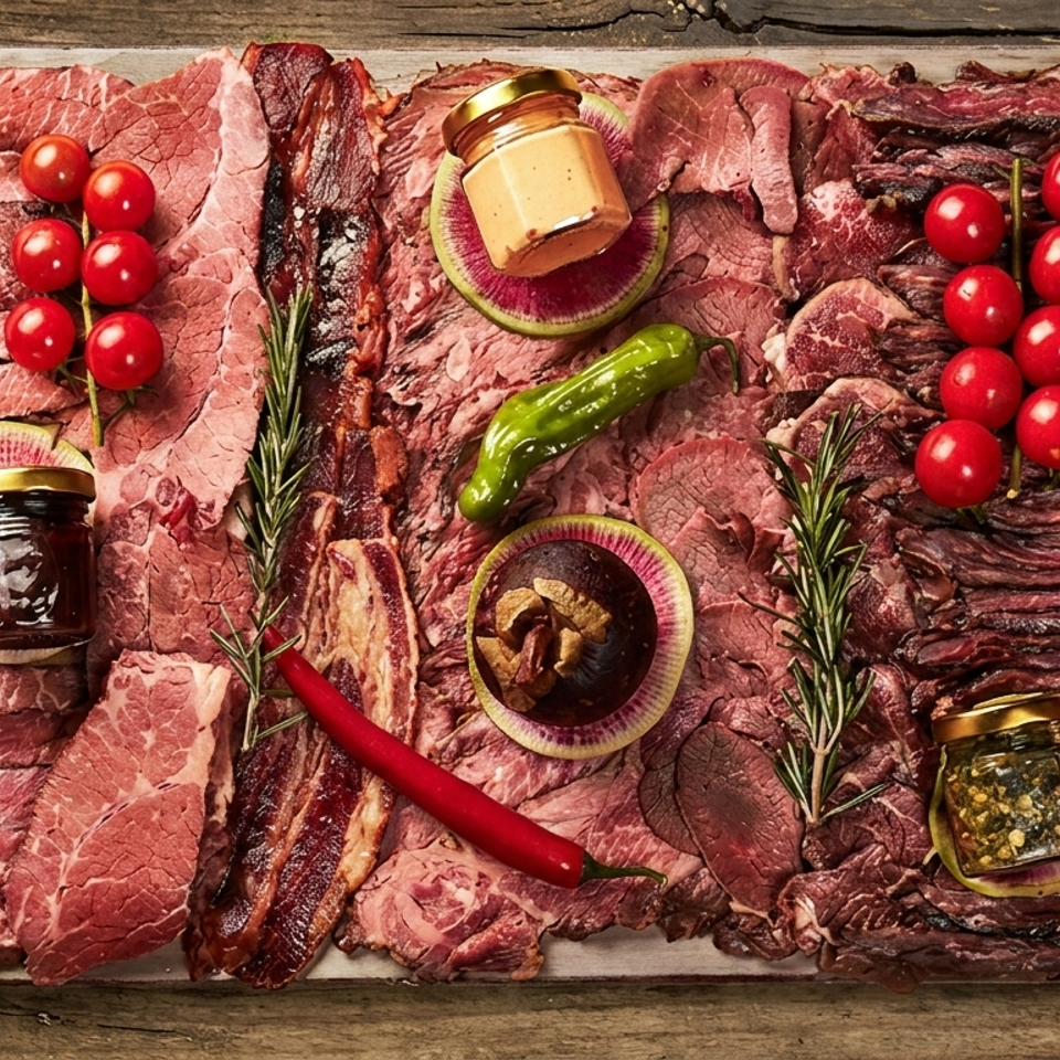 Overhead charcuterie board featuring assorted sliced meats, cherry tomatoes, peppers, radishes, rosemary, and small jars of condiments.