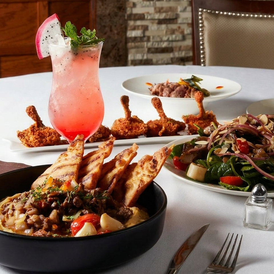 Restaurant table featuring assorted dishes, a colorful salad, fried appetizers, a pink dragon fruit cocktail, and white wine.