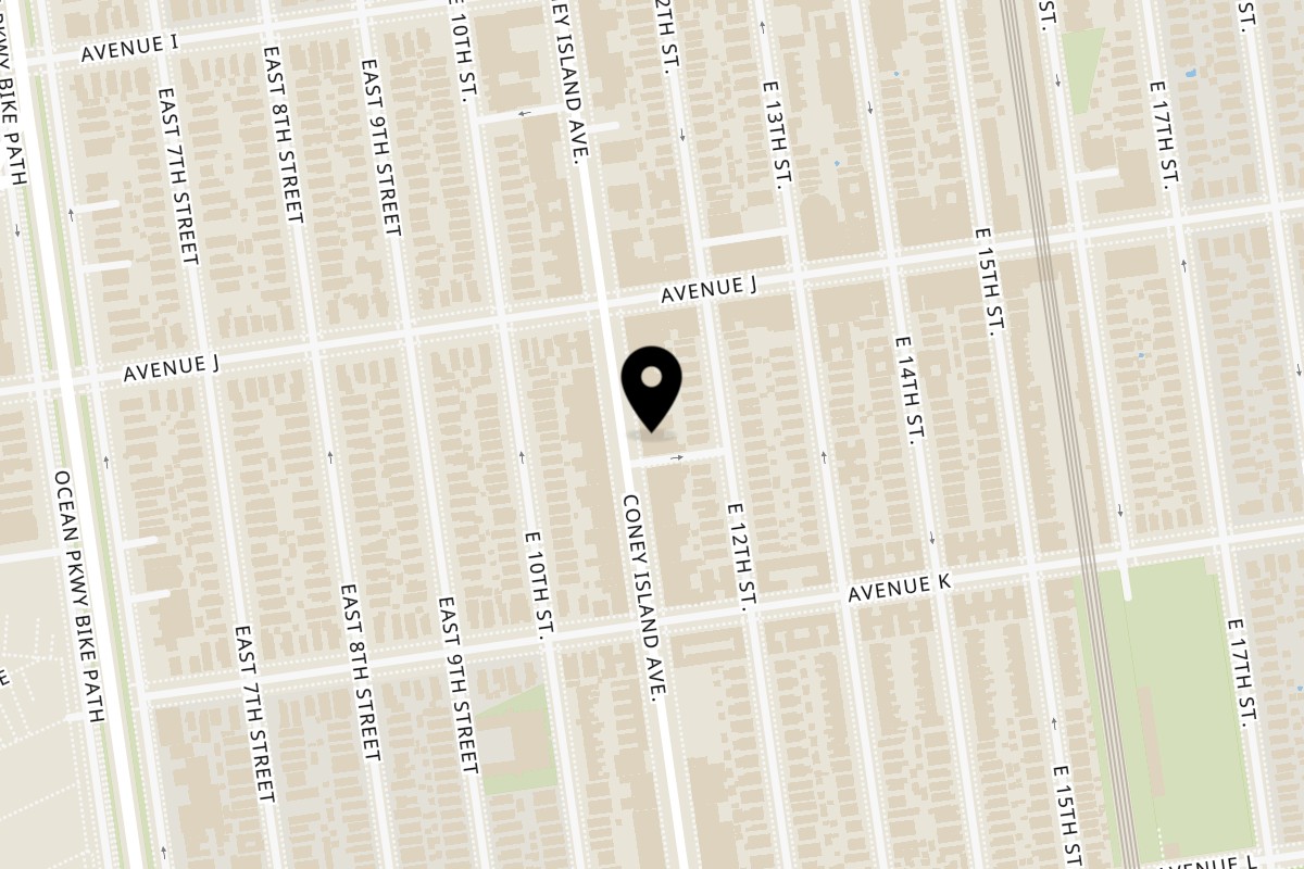 Map showing the location of Yakar Kosher Steakhouse on 1385 Coney Island Ave in Brooklyn